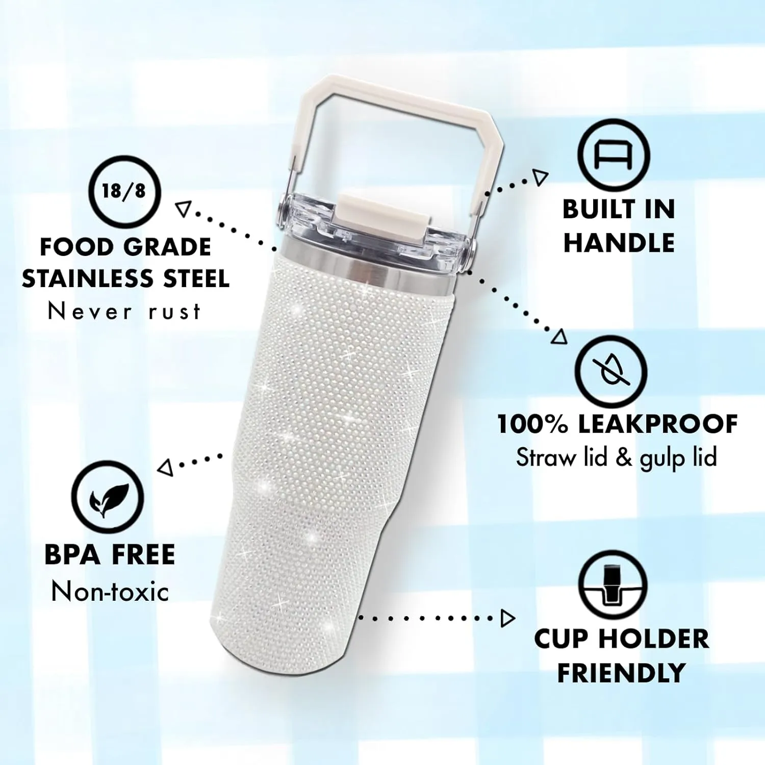 30oz Bling Rhinestone Studded Tumbler with Top Handle and Leakproof Lid Vacuum Insulated Stainless Steel Glitter Crystal Water Bottle with Flip Straw Reusable Cup Outdoors Travel Mugs (Milky)