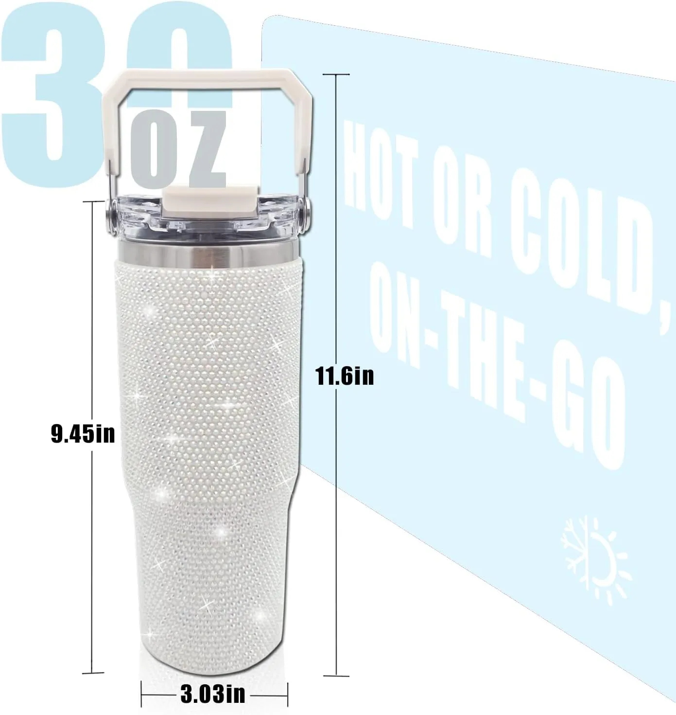 30oz Bling Rhinestone Studded Tumbler with Top Handle and Leakproof Lid Vacuum Insulated Stainless Steel Glitter Crystal Water Bottle with Flip Straw Reusable Cup Outdoors Travel Mugs (Milky)