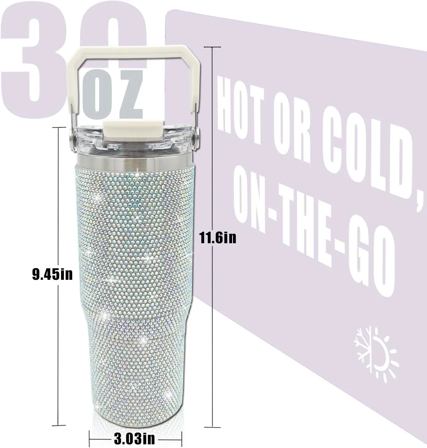 30oz Bling Rhinestone Studded Tumbler with Top Handle and Leakproof Lid Vacuum Insulated Stainless Steel Glitter Crystal Water Bottle with Flip Straw Reusable Cup Outdoors Travel Mugs (Northern Light)