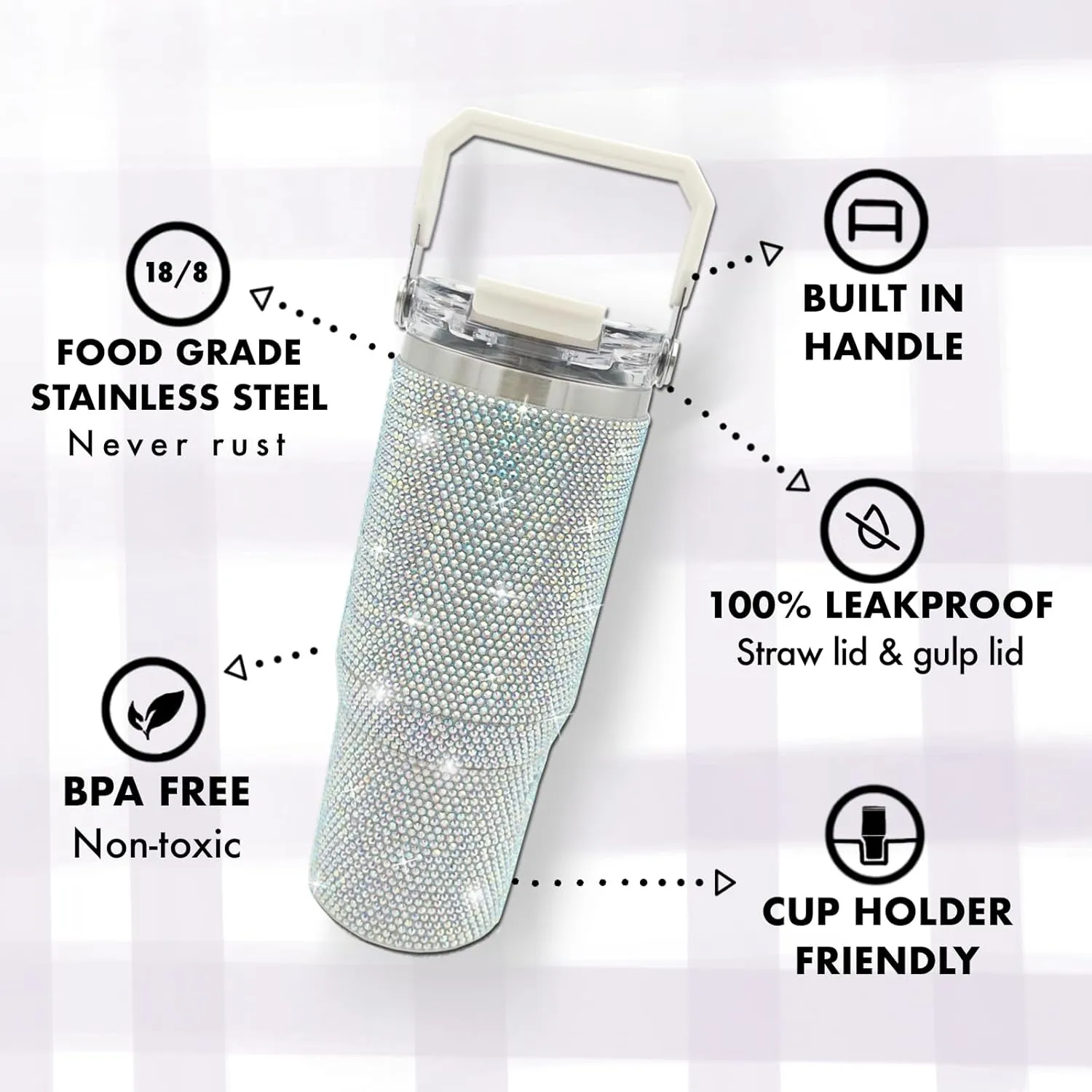 30oz Bling Rhinestone Studded Tumbler with Top Handle and Leakproof Lid Vacuum Insulated Stainless Steel Glitter Crystal Water Bottle with Flip Straw Reusable Cup Outdoors Travel Mugs (Northern Light)