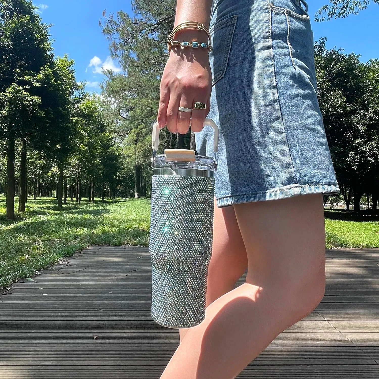 30oz Bling Rhinestone Studded Tumbler with Top Handle and Leakproof Lid Vacuum Insulated Stainless Steel Glitter Crystal Water Bottle with Flip Straw Reusable Cup Outdoors Travel Mugs (Northern Light)