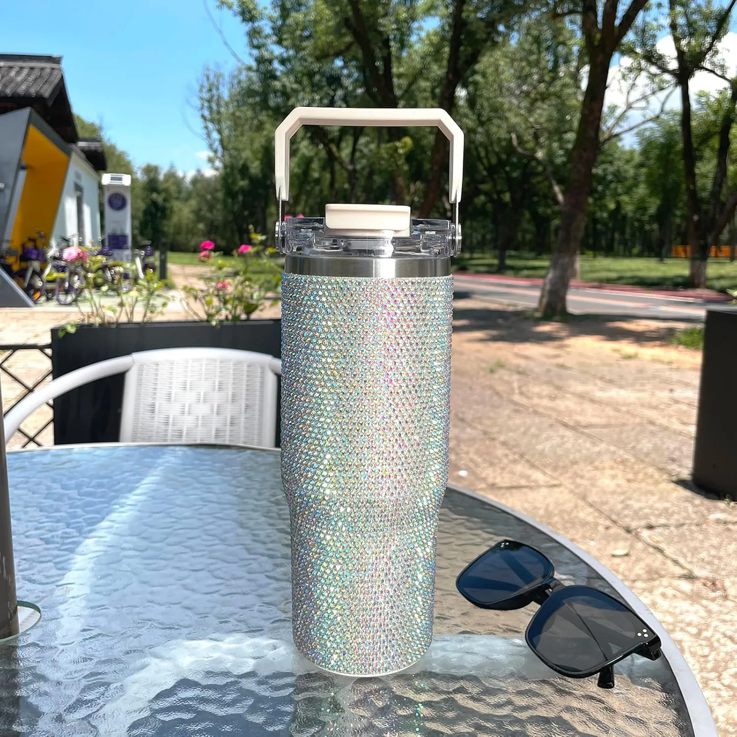 30oz Bling Rhinestone Studded Tumbler with Top Handle and Leakproof Lid Vacuum Insulated Stainless Steel Glitter Crystal Water Bottle with Flip Straw Reusable Cup Outdoors Travel Mugs (Northern Light)