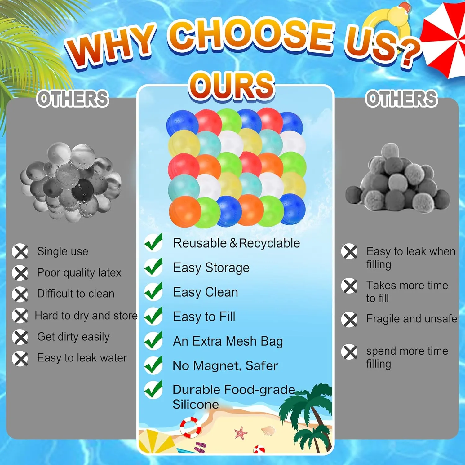 30PCS Reusable Water Balloons, Non-Magnetic Self Sealing Water Bomb for Kids Adults, Refillable Silicone Water Splash Balls with Mesh Bag, Summer Outdoor Activities Toys for Boys & Girls