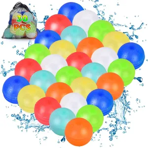 30PCS Reusable Water Balloons, Non-Magnetic Self Sealing Water Bomb for Kids Adults, Refillable Silicone Water Splash Balls with Mesh Bag, Summer Outdoor Activities Toys for Boys & Girls