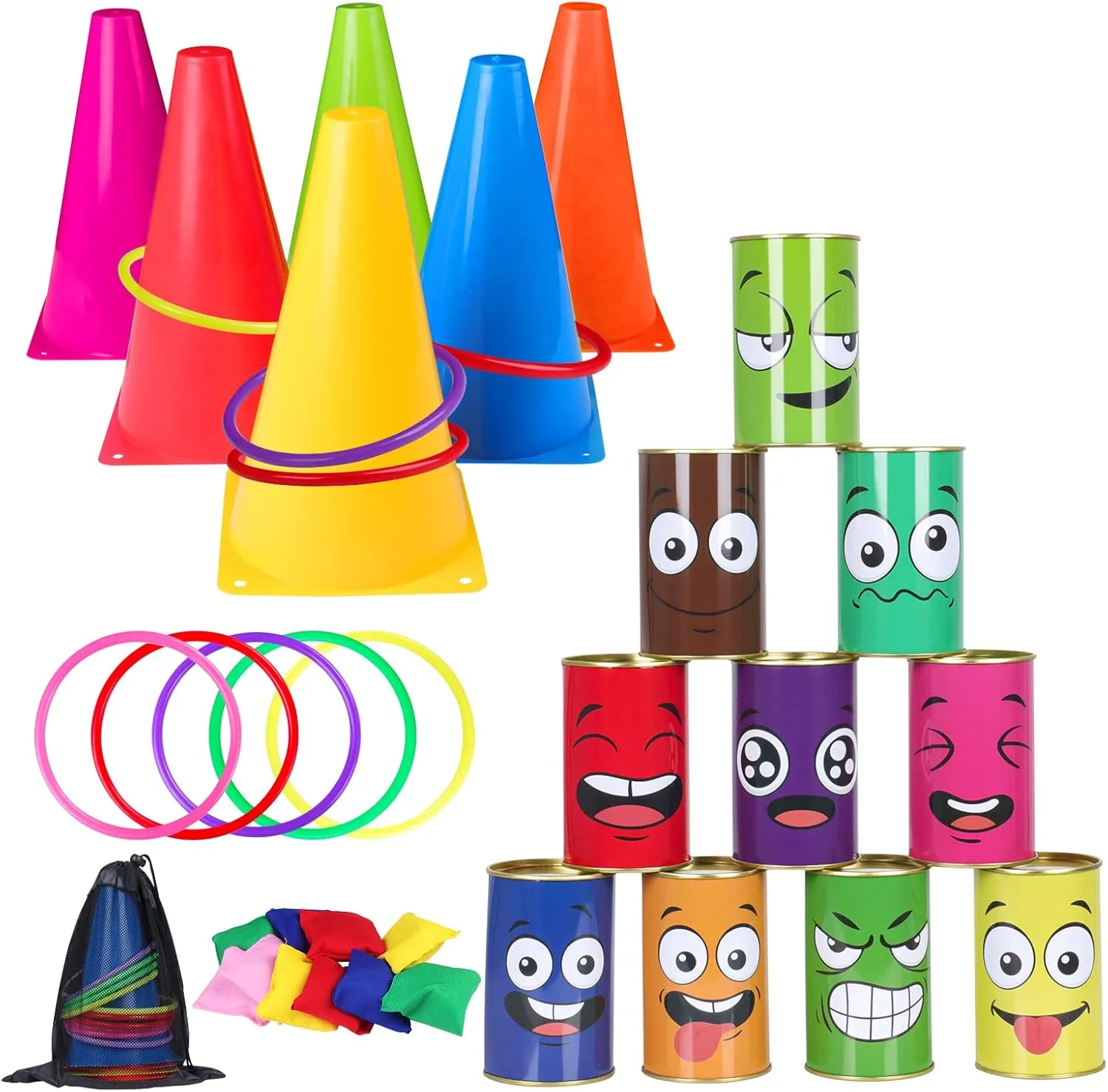 36PCS Carnival Games Combo Set 4 in 1 Bean Bag Toss Can Games Soft Plastic Cone Backyard Ring Toss Game for Indoor Outdoor School Field Day Birthday Party Yard Game for Kids Adults