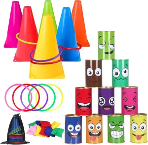 36PCS Carnival Games Combo Set 4 in 1 Bean Bag Toss Can Games Soft Plastic Cone Backyard Ring Toss Game for Indoor Outdoor School Field Day Birthday Party Yard Game for Kids Adults