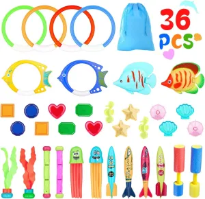 36Pcs Pool Toys for Kids Ages 8-12 Summer Essentials - Diving Toys Set with Torpedoes, Seaweed, Diamonds & Rings for Underwater Games, Swimming Pool Activities & Outdoor Water Play (Ages 3-12)