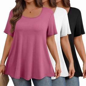 3 Pack Plus Size Tops for Women Casual U Neck A Line Top Short Sleeve Loose Fit Flowy Shirts Tunic Blouses XL-5XL