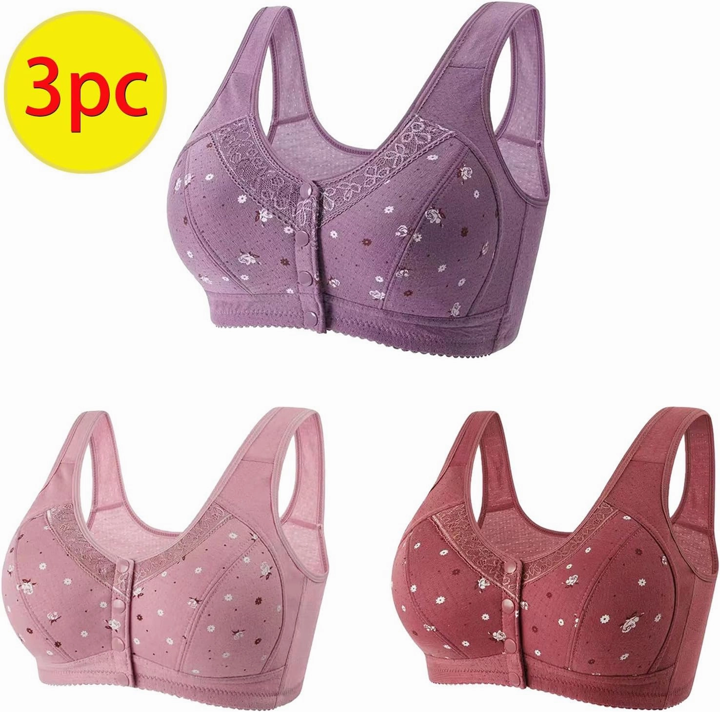 3 Pack T-Shirt Bra Older Womens Daisy Bras Front Closure Comfortable Bralettes