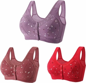 3 Pack T-Shirt Bra Older Womens Daisy Bras Front Closure Comfortable Bralettes