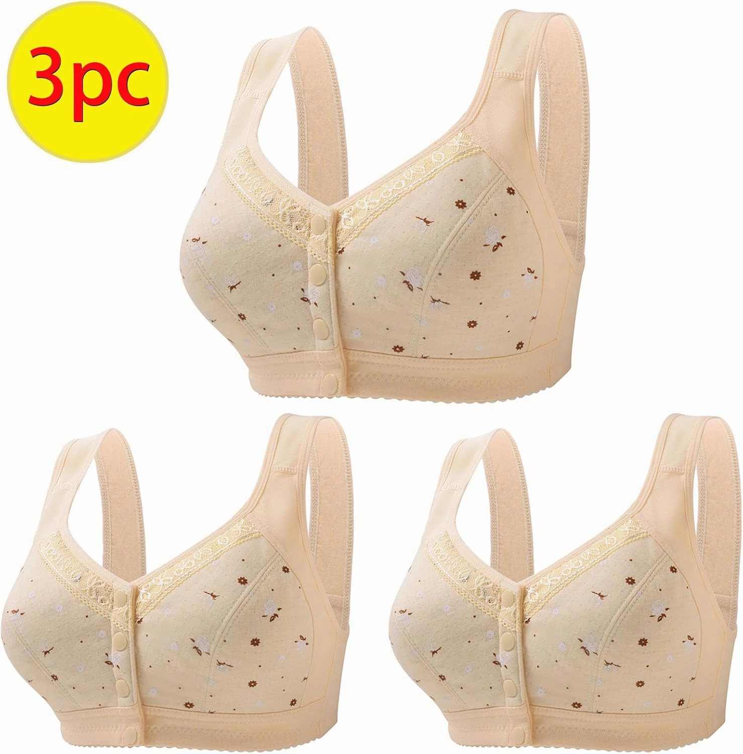 3 Pack T-Shirt Bra Older Womens Daisy Bras Front Closure Comfortable Bralettes