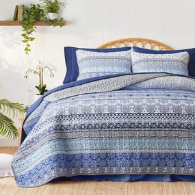 3 Pieces Colorful Bohemian Quilt Set California King Size, Blue n Grey Boho Striped Printed Bedding Bedspread Coverlet Set for Summer, Soft Lightweight Microfiber Quilt with 2 Shams (102x114 inces)