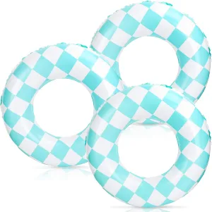 3Pcs Inflatable Pool Float Retro Blue Checkered Swim Rings Swimming Pool Tubes for Adults Teens Summer Beach Bachelorette Party, 30 x 14 Inch