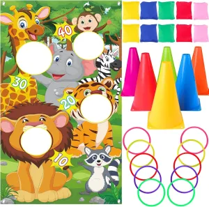 4 in 1 Carnival Outdoor Games Set, Animal Cornhole Bean Bags Ring Toss Game for Kids Adults Birthday Party, Wild Animals Party, Backyard Games, Field Day Game, Yard Lawn Game