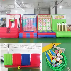 4 in 1 Inflatable Interactive Sports Game Inflatable Carnival Game Toys for Kids and Adults（20x5x6.6ft with Blower and Game Accessories）