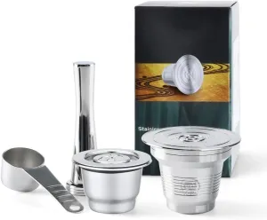 4 in 1 Reusable Stainless Steel Coffee Capsules Compatible with L'OR Barista LM8012/60 - Refillable Metal Espresso Pods for L'or and Nespresso Machines,Coffee Press and 304 Spoon Gifted