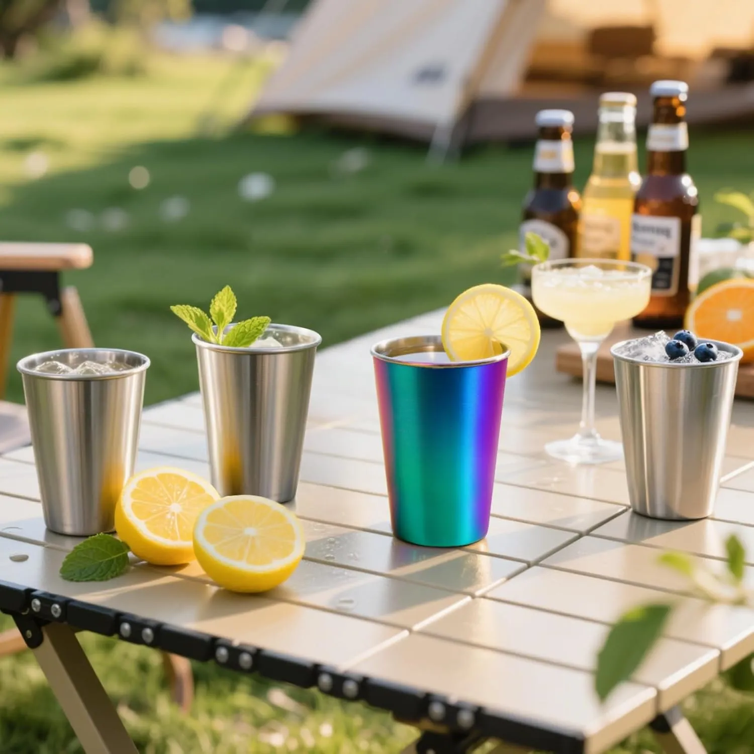 4 Pack 16oz Stainless Steel Cups, Stainless Steel Stacking Beer Pint Cups, Stainless Steel Water Tumbler for Home, Party, Camping, Outdoor, Stackable Drinking Glasses, Reusable, BPA Free