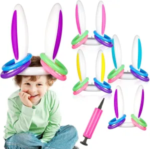 4 Pack Easter Inflatable Bunny Ring Toss Game Easter Rabbit Ears Inflatable Funny Games Toys Gift for Kid Party Family( 16 Rings&1 Inflator&4 Rabbit Ears ), Yellow,Blue,Pink,Purple