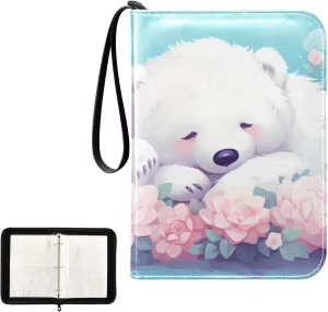 4 Pockets Trading Card Album Holder Book Folder Sports Card Binder White Bear Cute 400 Double Side Pockets for 3 Ring Binder Zipper