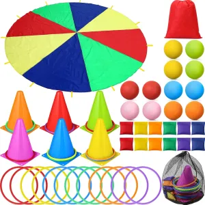 43 Pcs 3 in 1 Carnival Outdoor Games Combo Set for Kids Include 6 Plastic Cones, 12 Ring, 12 Bean Bags, 12 Plastic Ball, 10 Foot Play Parachute for Toddler Kids Party Play Decoration