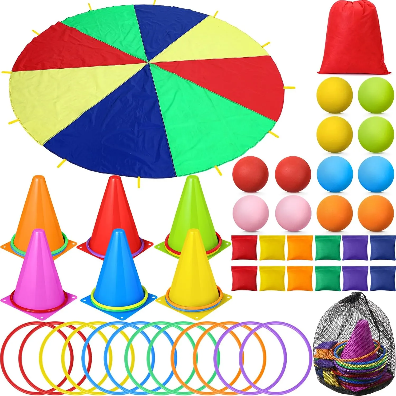 43 Pcs 3 in 1 Carnival Outdoor Games Combo Set for Kids Include 6 Plastic Cones, 12 Ring, 12 Bean Bags, 12 Plastic Ball, 10 Foot Play Parachute for Toddler Kids Party Play Decoration