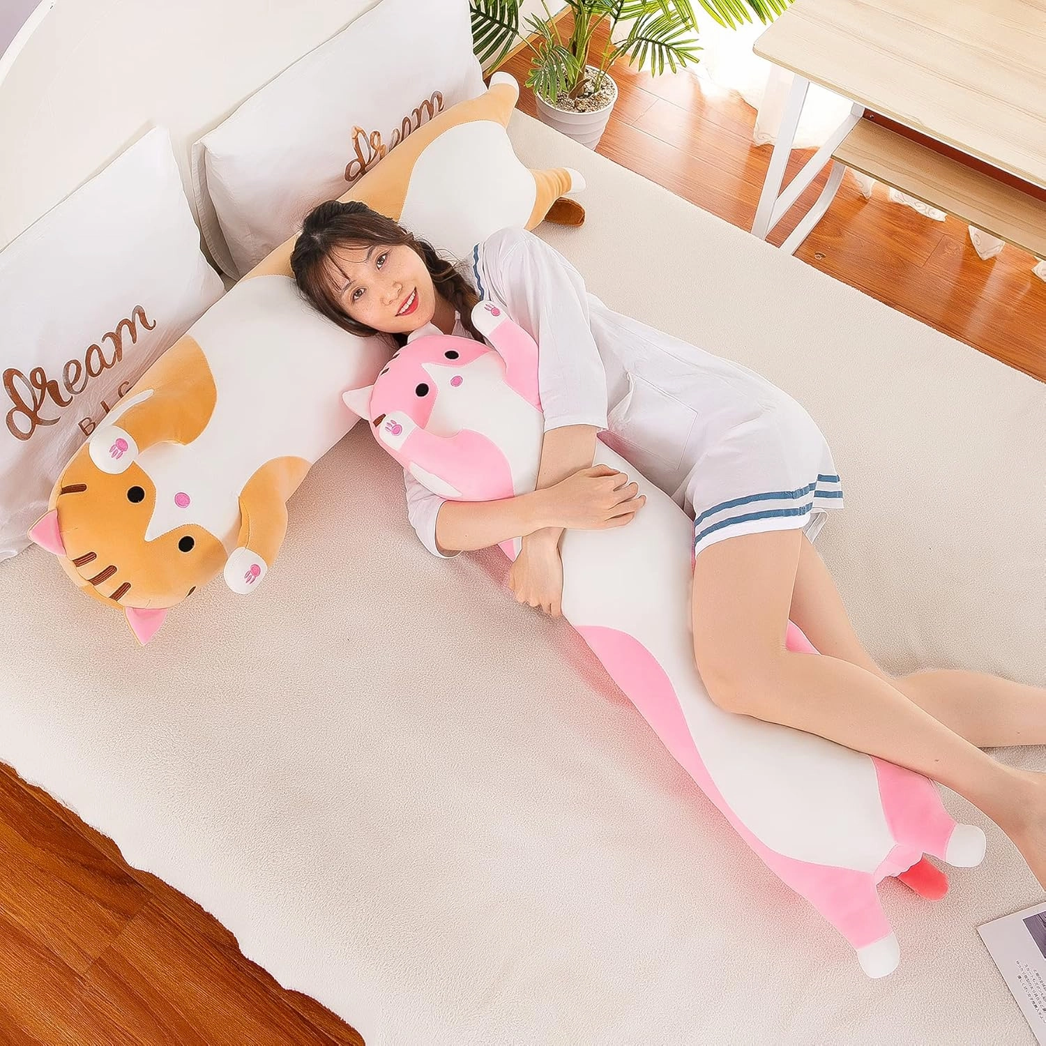 43.2in Plush Cat Soft Kids Plush Toy Pillow Plush Long Cotton Kitten Cuddly Toy Stuffed Animal Toy Gift for Kids Girlfriend(Pink,110cm/43.2in)