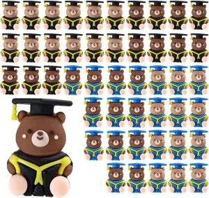 48pcs Mini Graduation Bear Statues, Brown & Dark Brown Cute PVC Tiny Bear Figurines Graduation Miniature Statues Party Decor for Party Favors Ceremony Decor