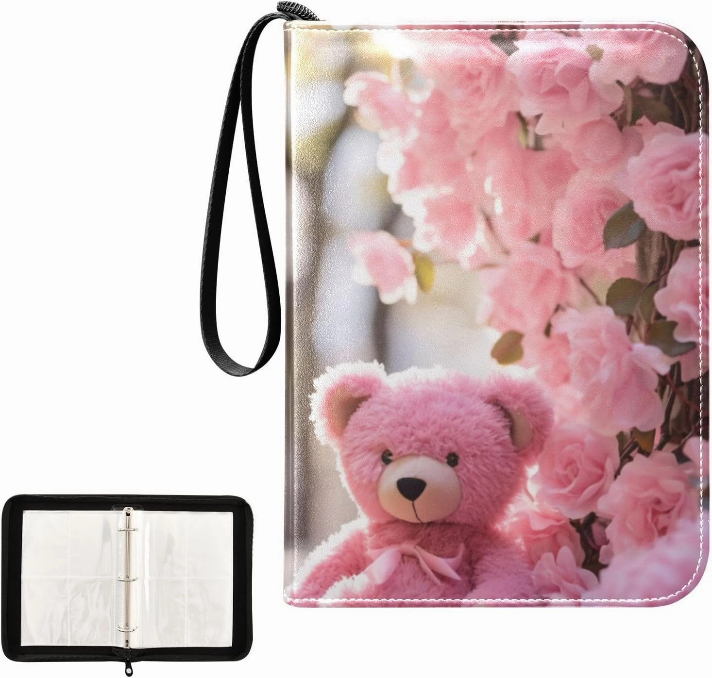 4 Pockets Trading Card Album Holder Book Folder Sports Card Binder Pink Bear Flower 400 Double Side Pockets for 3 Ring Binder Zipper