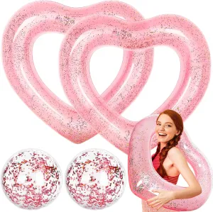 4Pcs Inflatable Heart Pool Float with Beach Ball Glitter Inside Rose Gold Swim Heart Shaped Pool Rings Float Loungers Tube for Summer Swimming Pool Beach, 47.3 x 39.4 Inch