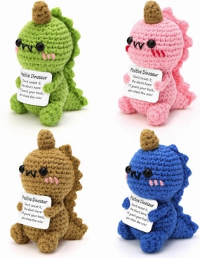 4PCS Fathers Day Dad Gift for Grandpa Husband from Daughter Son Cute Positive Crochet Dinosaur, Handmade Knitted Emotional Support Crochet Inspirational Birthday Gift for Men Women