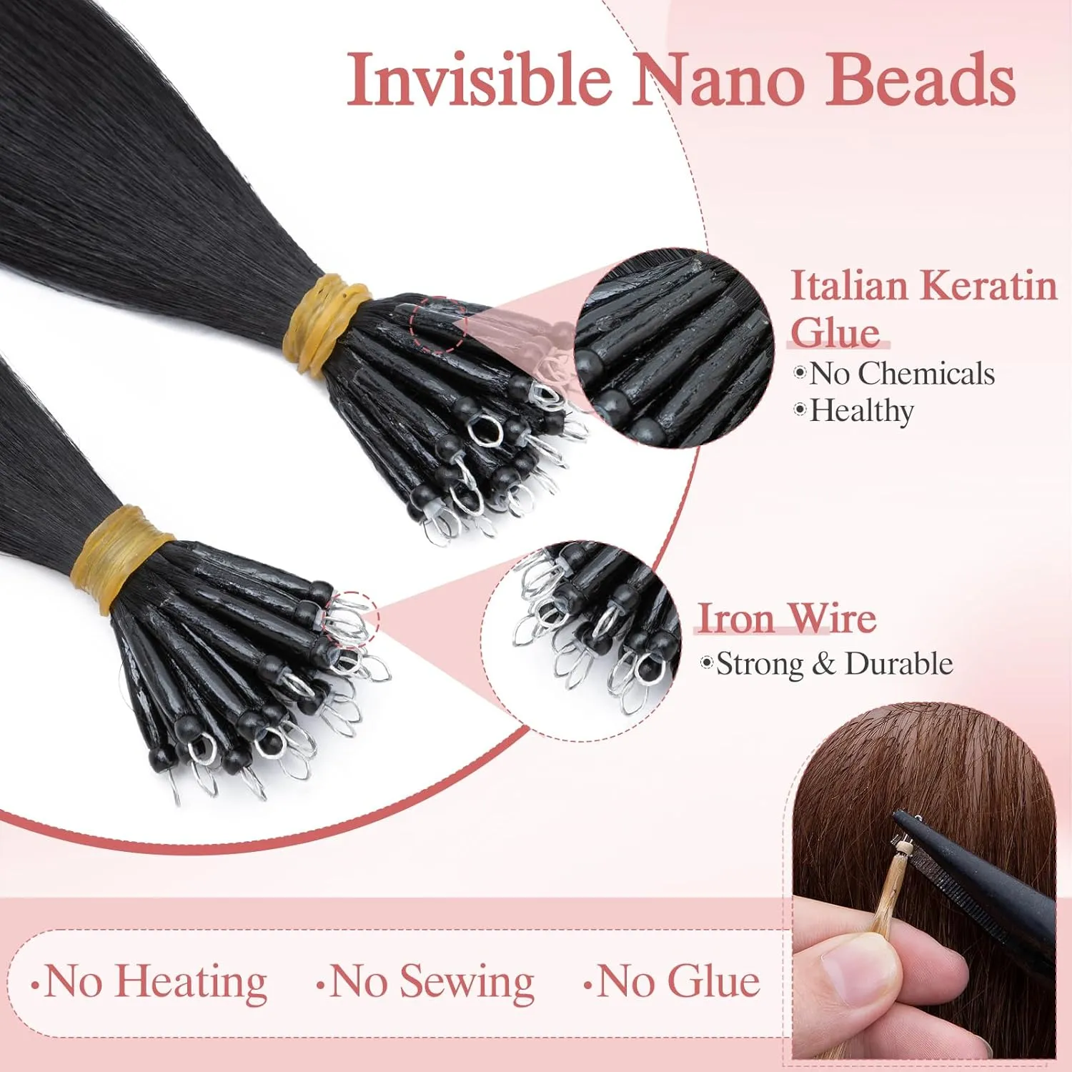 50pcs Nano Beads Hair Extensions Straight Nano Beads For Hair Pre-Bonded Seamless Nano Tip Real Human Hair，16Inch Jet Black,50g