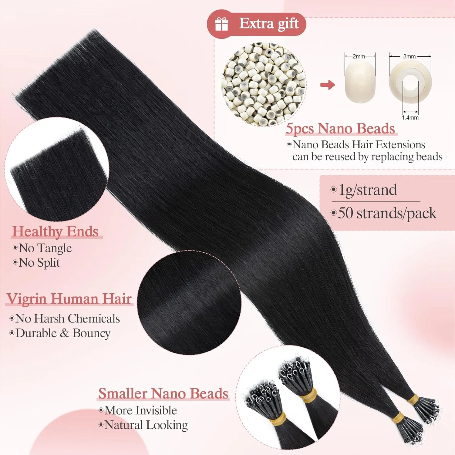 50pcs Nano Beads Hair Extensions Straight Nano Beads For Hair Pre-Bonded Seamless Nano Tip Real Human Hair，16Inch Jet Black,50g