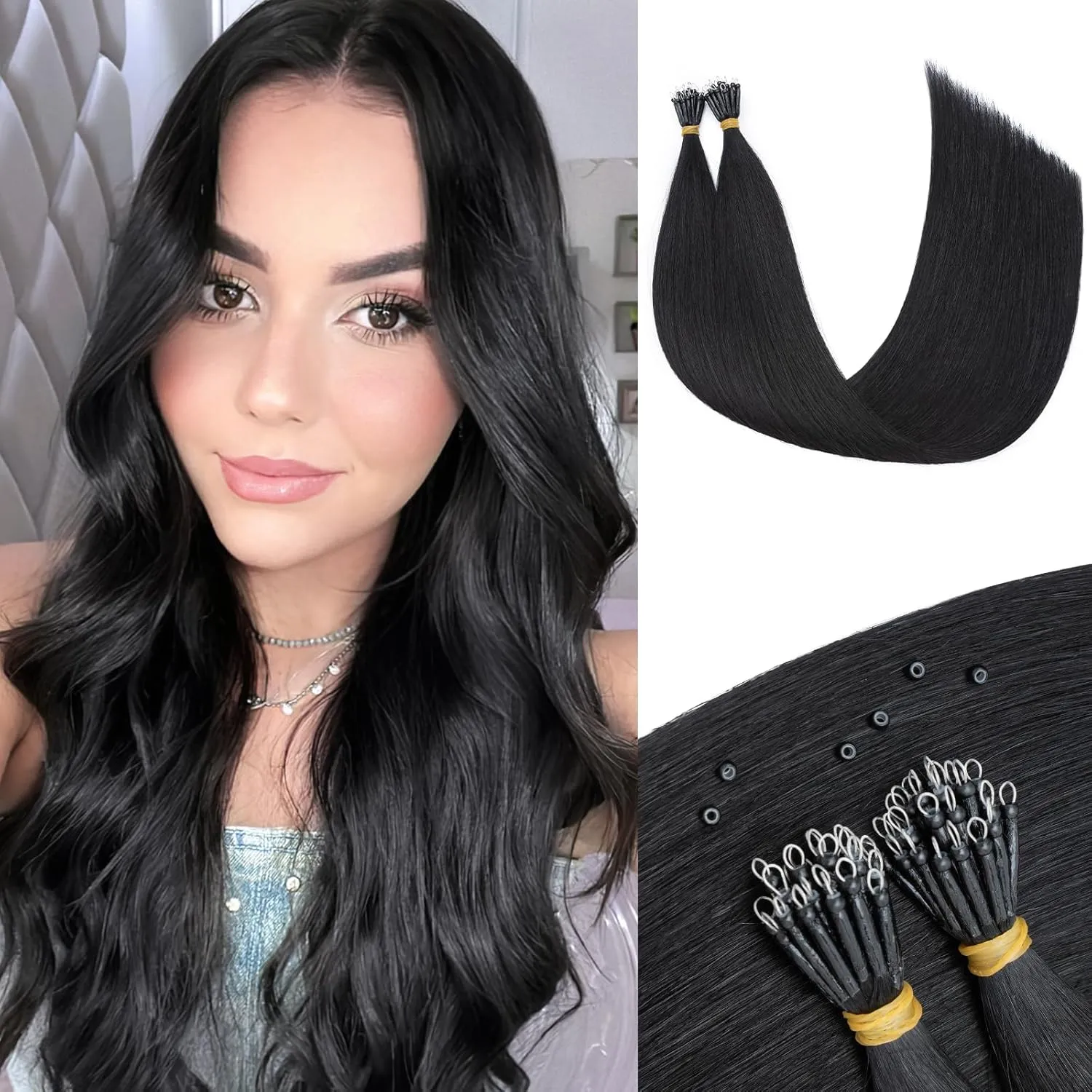 50pcs Nano Beads Hair Extensions Straight Nano Beads For Hair Pre-Bonded Seamless Nano Tip Real Human Hair，16Inch Jet Black,50g