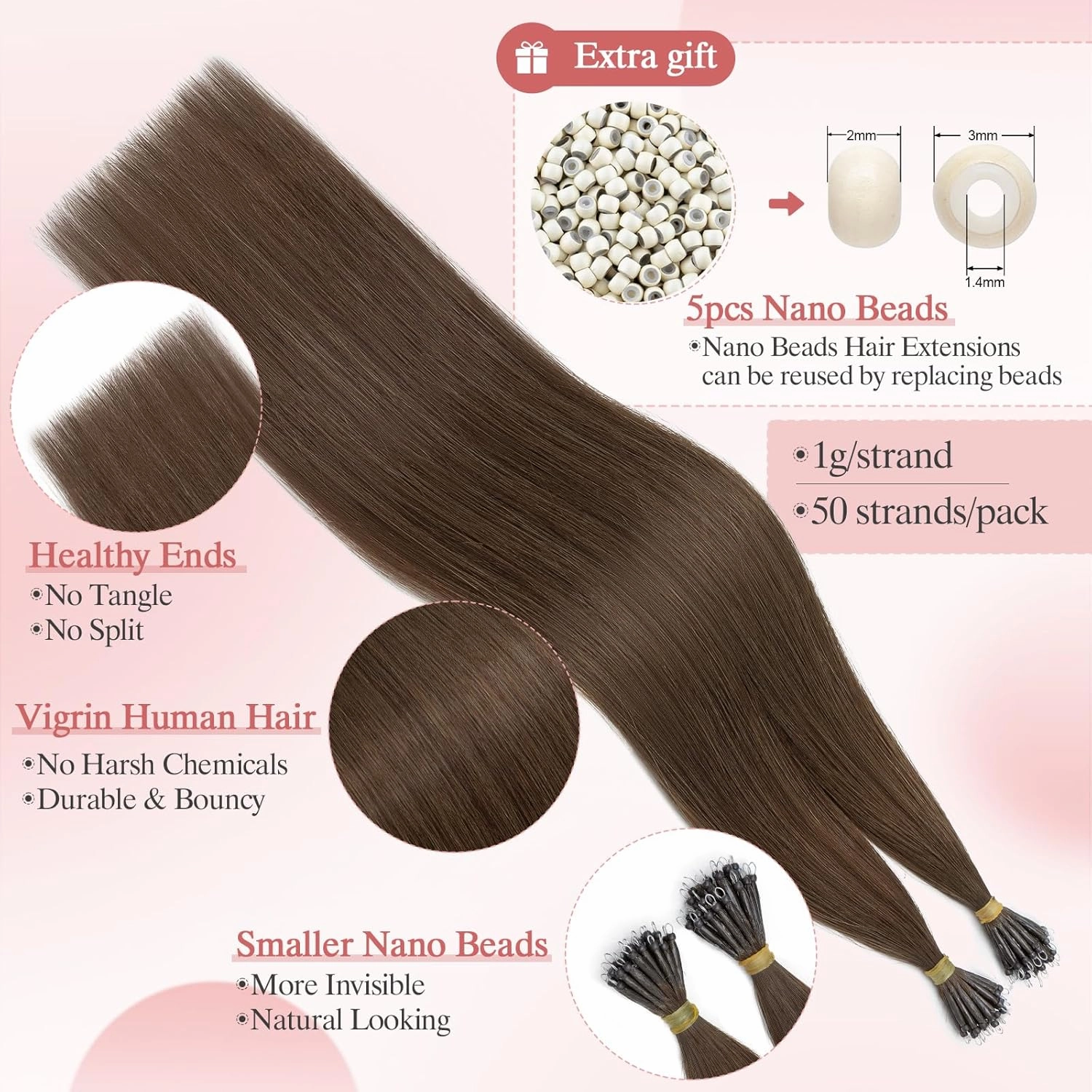 50pcs Nano Beads Hair Extensions Straight Nano Beads For Hair Pre-Bonded Seamless Nano Tip Real Human Hair，20Inch Dark Brown,50g