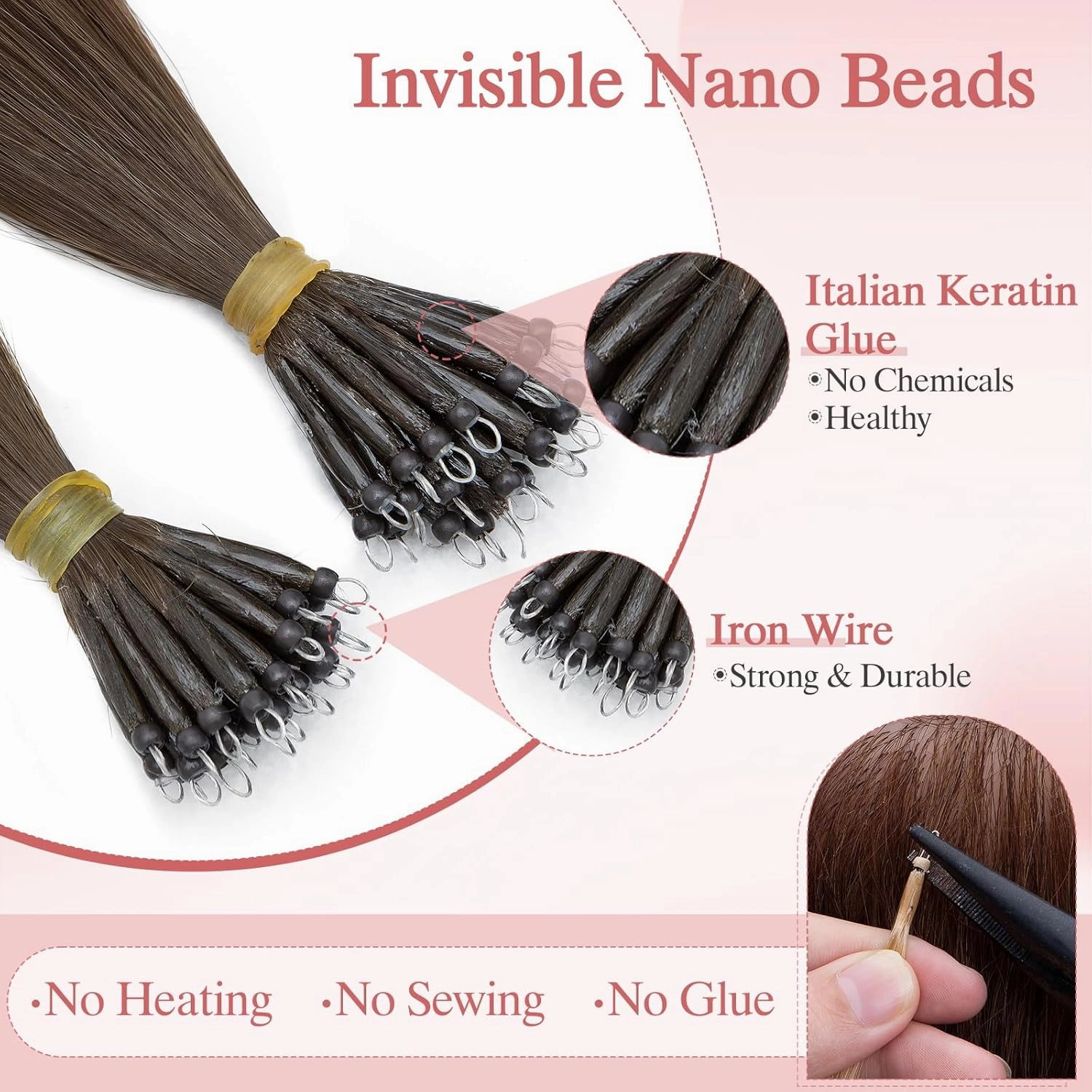 50pcs Nano Beads Hair Extensions Straight Nano Beads For Hair Pre-Bonded Seamless Nano Tip Real Human Hair，20Inch Dark Brown,50g