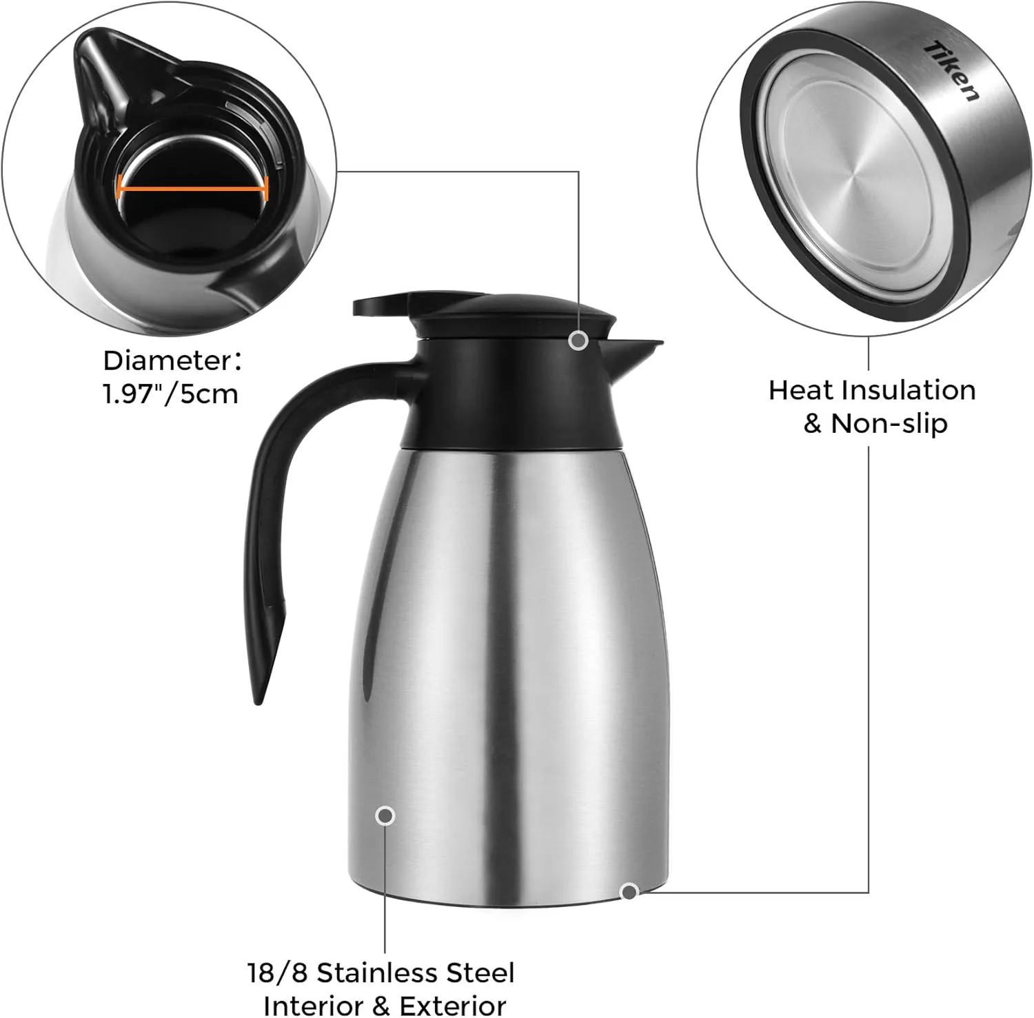 51 Oz Thermal Coffee Carafe, Stainless Steel Insulated Vacuum Coffee Carafes For Keeping Hot, 1.5 Liter Beverage Dispenser (Silver)