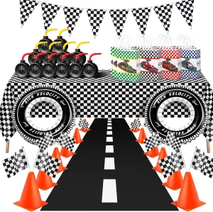 54 Pcs Racing Cars Birthday Party Supplies Racing Cars Tablecloth Traffic Cones and Flags Tire Shaped Cup Flag Party Favor Bag Checkered Flag Banner Black Floor Runner Tire Swimming Ring