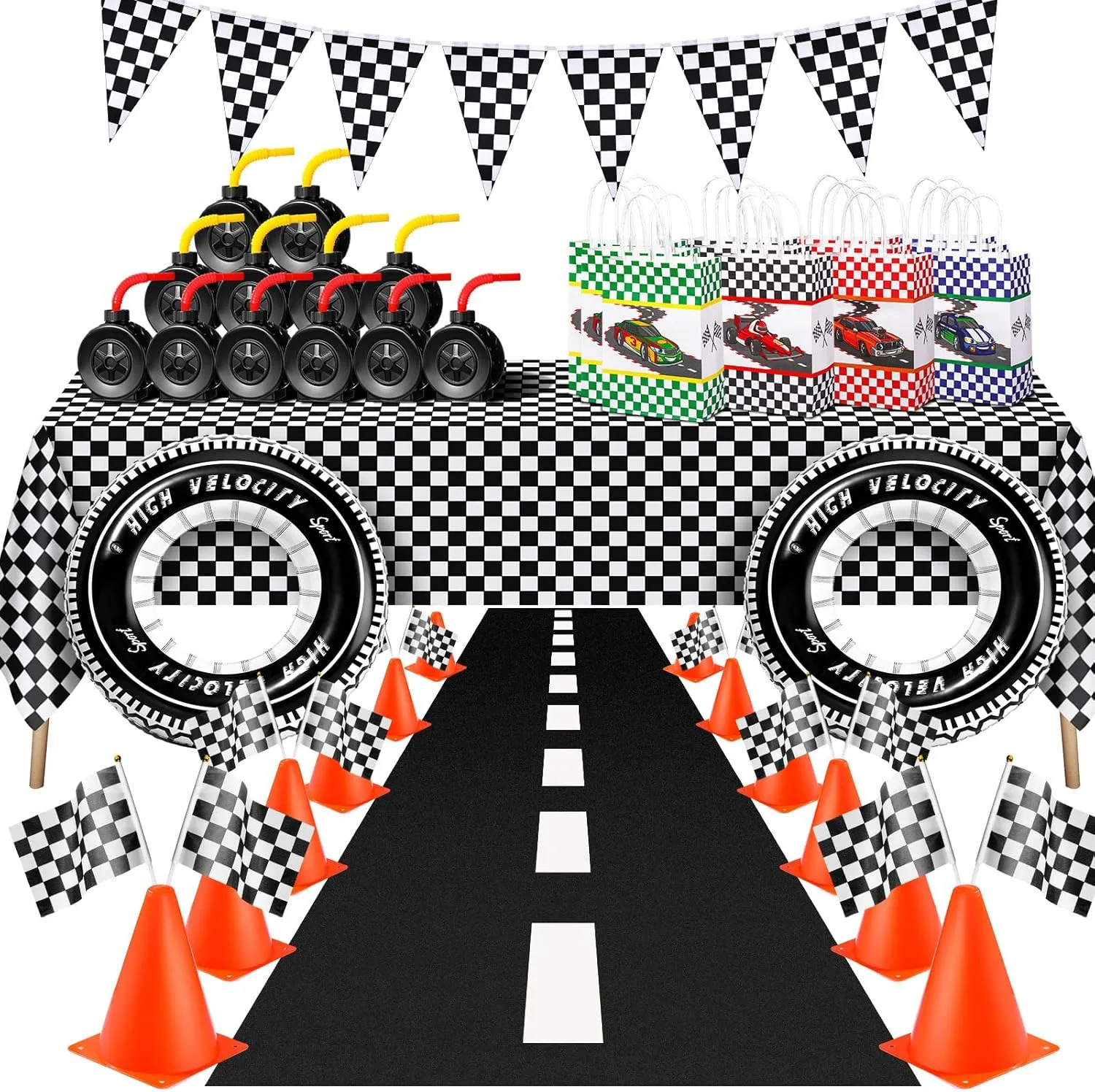 54 Pcs Racing Cars Birthday Party Supplies Racing Cars Tablecloth Traffic Cones and Flags Tire Shaped Cup Flag Party Favor Bag Checkered Flag Banner Black Floor Runner Tire Swimming Ring