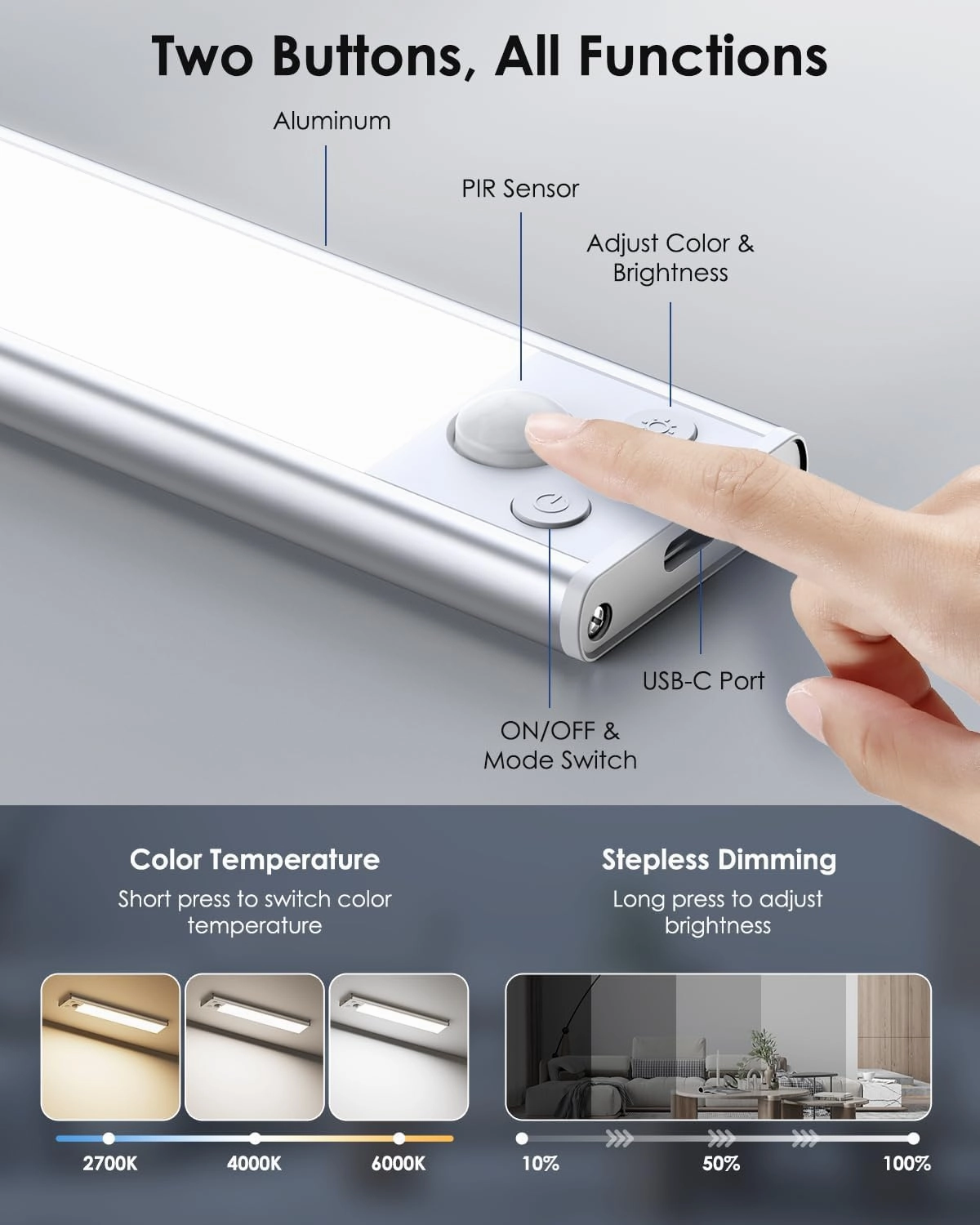 5-Pack Under Cabinet Lighting, 68LED 2000mAh Rechargeable Battery Operated Motion Sensor Light Indoor, 3 Color Wireless Dimmable Closet Lights, Magnetic Under-Counter Light Fixtures for Kitchen, Home