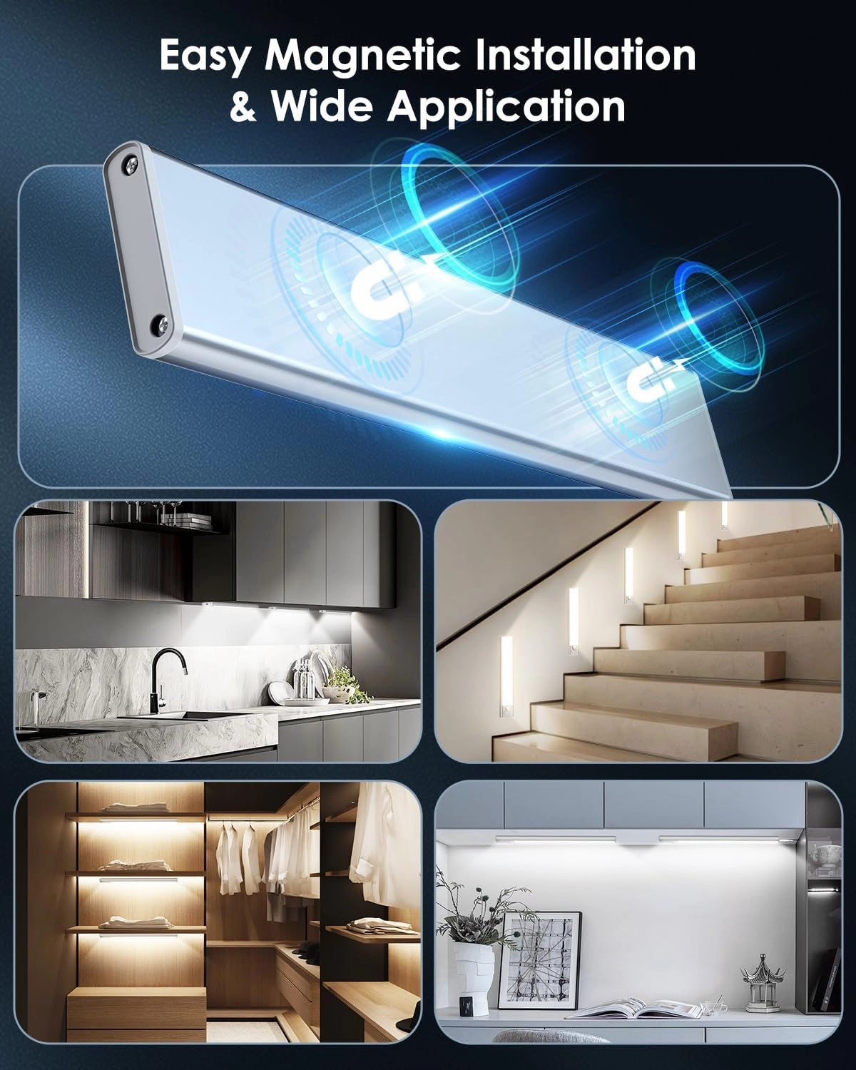 5-Pack Under Cabinet Lighting, 68LED 2000mAh Rechargeable Battery Operated Motion Sensor Light Indoor, 3 Color Wireless Dimmable Closet Lights, Magnetic Under-Counter Light Fixtures for Kitchen, Home