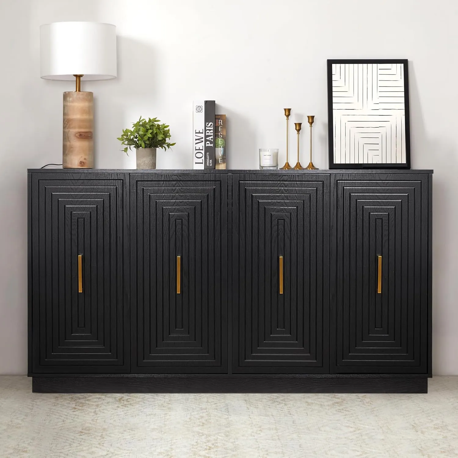 60'' Large Buffet Cabinet with Storage, Fluted Sideboard with Doors and Adjustable Shelves, Wood Credenzas Console Table, Coffee Bar Cabinet for Kitchen, Dining Room, Living Room, Black