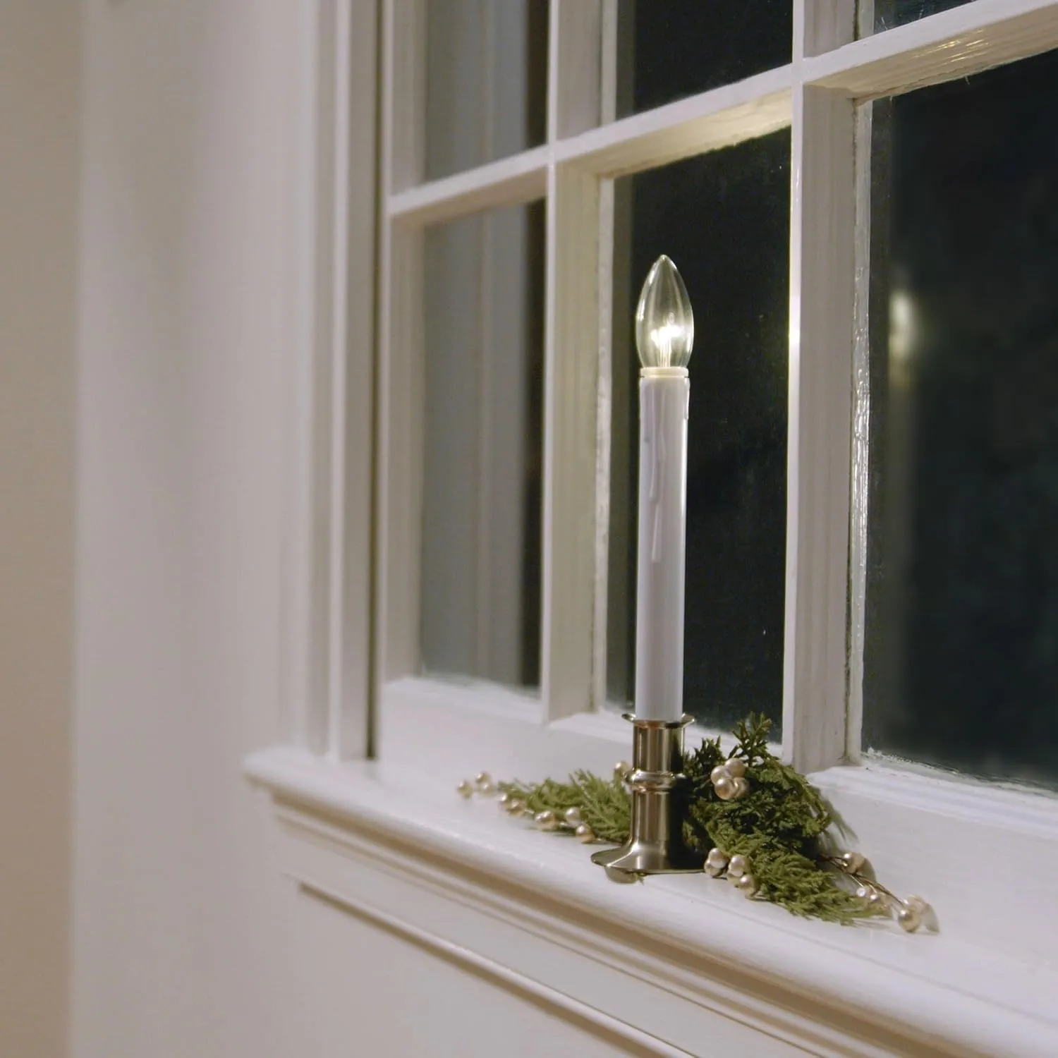612 Vermont Ultra-Bright LED Window Candles with Timer, Battery Operated, Metal Base, White Candlestick, Adjustable Height (Pack of 4, Brushed Nickel)