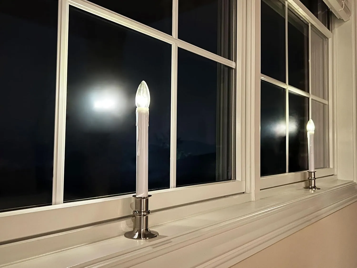 612 Vermont Ultra-Bright LED Window Candles with Timer, Battery Operated, Metal Base, White Candlestick, Adjustable Height (Pack of 4, Brushed Nickel)