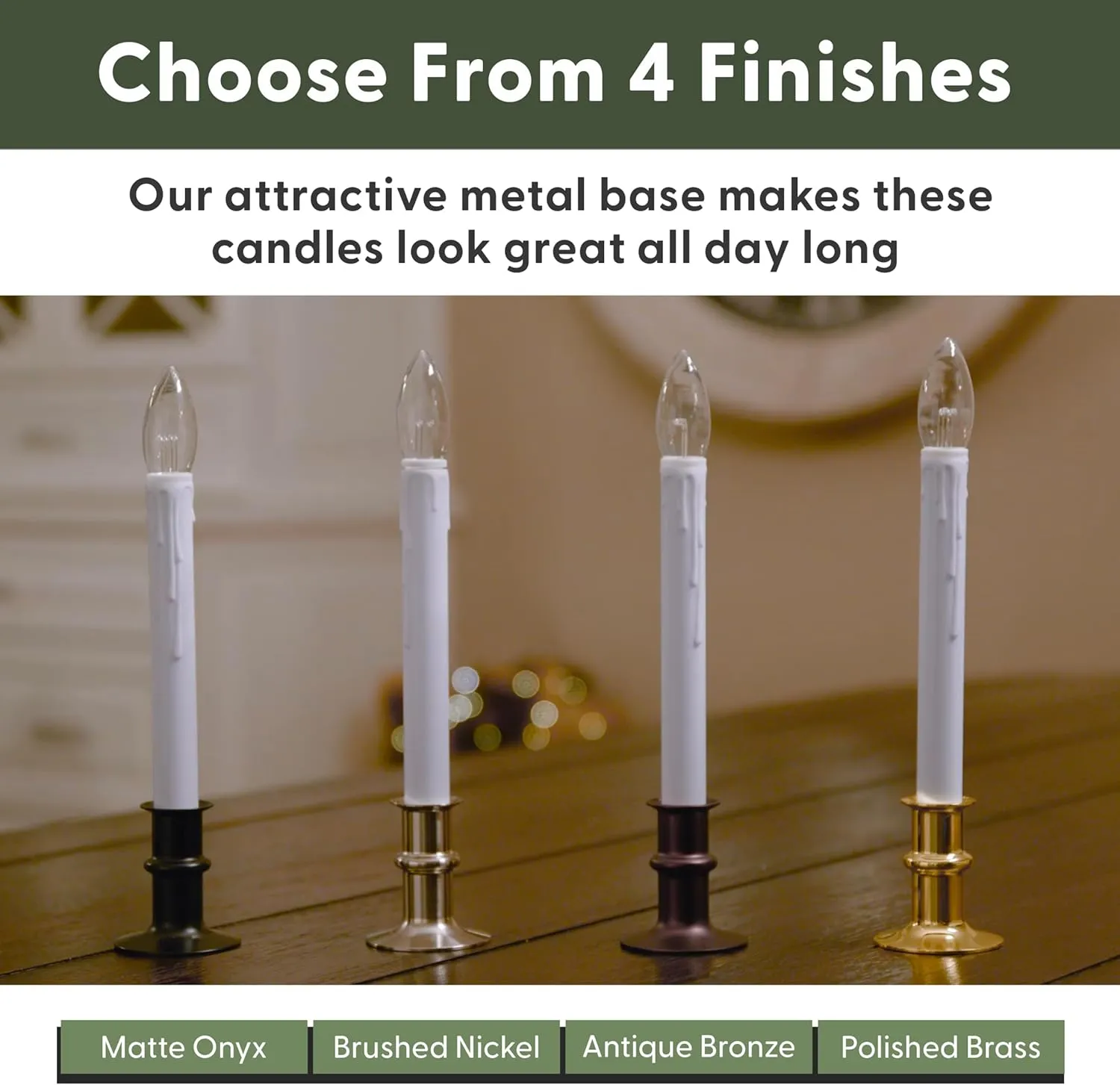 612 Vermont Ultra-Bright LED Window Candles with Timer, Battery Operated, Metal Base, White Candlestick, Adjustable Height (Pack of 4, Matte Onyx)
