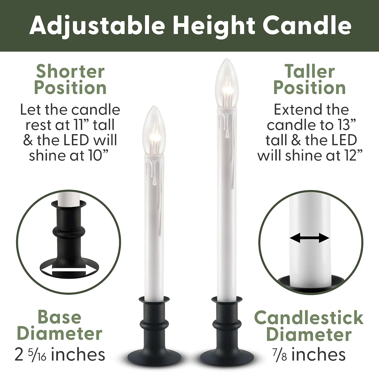 612 Vermont Ultra-Bright LED Window Candles with Timer, Battery Operated, Metal Base, White Candlestick, Adjustable Height (Pack of 4, Matte Onyx)