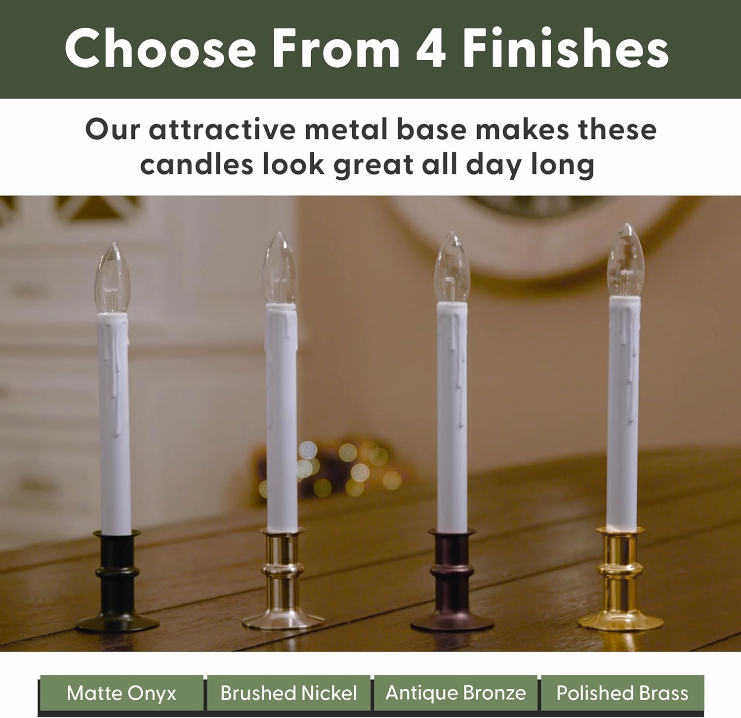 612 Vermont Ultra-Bright LED Window Candles with Timer, Battery Operated, Metal Base, White Candlestick, Adjustable Height (Pack of 4, Antique Bronze)