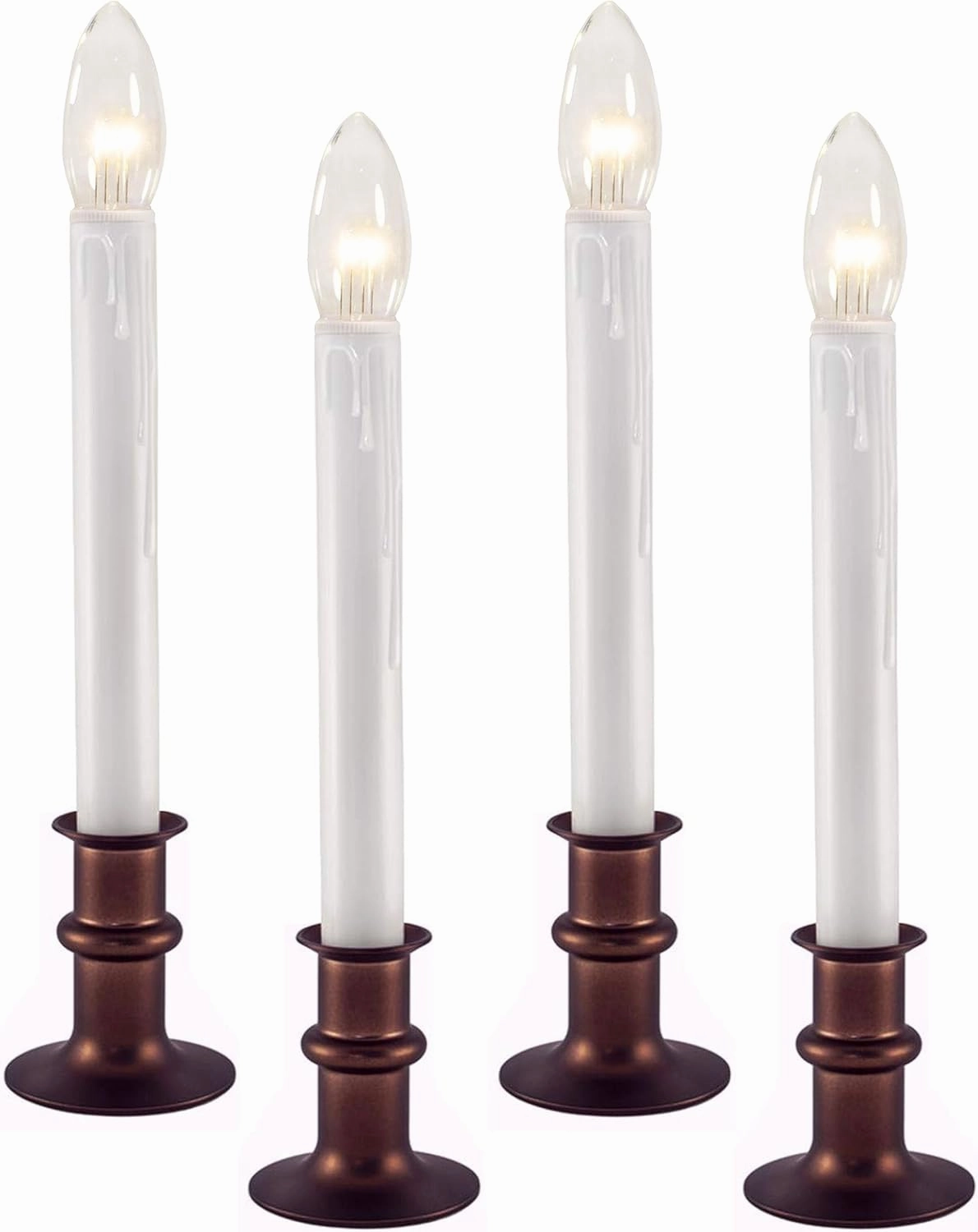 612 Vermont Ultra-Bright LED Window Candles with Timer, Battery Operated, Metal Base, White Candlestick, Adjustable Height (Pack of 4, Antique Bronze)
