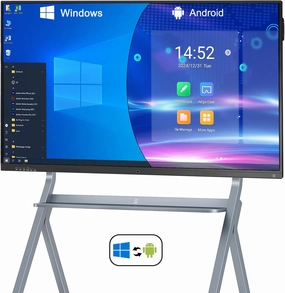 65'' Smart Board, LINGHUFOX 4K Digital Whiteboard with Built in Dual System Android 12 and Windows 16 256G, All in One Touchscreen Interactive Whiteboard for Classroom Office(Board Wall Mount Mini PC)