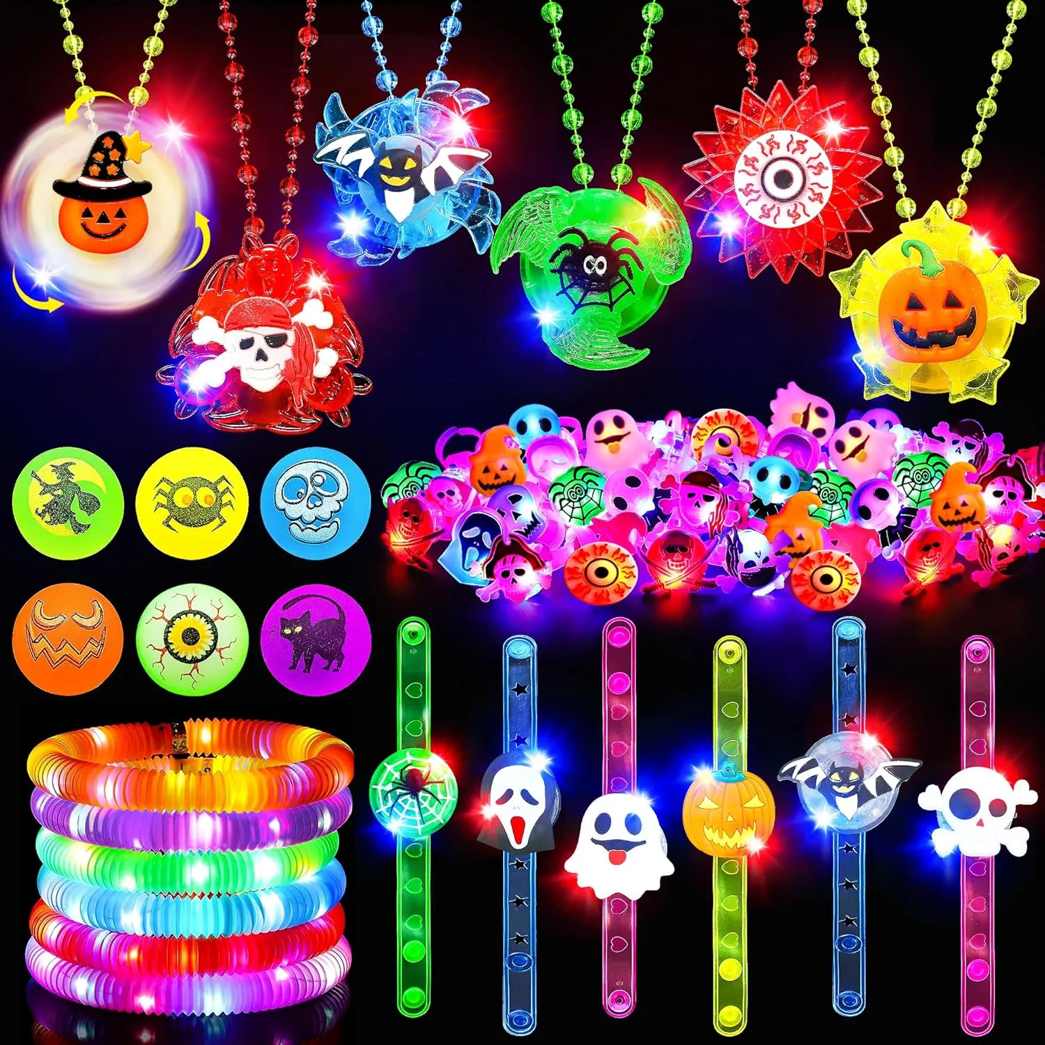 66 Halloween Party Favors for Kids Light Up Rings Necklaces Halloween Goodie Bag Fillers Treats Classroom Prizes Glow in the Dark Halloween Toys Bulk