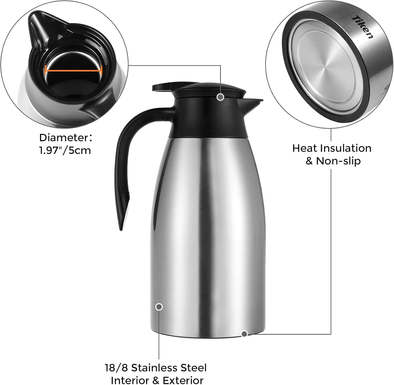 68 Oz Thermal Coffee Carafe, Stainless Steel Insulated Vacuum Coffee Carafes For Keeping Hot, 2 Liter Beverage Dispenser (Silver)